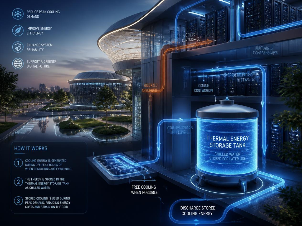 What is thermal energy storage in a data centre, and how does it work?