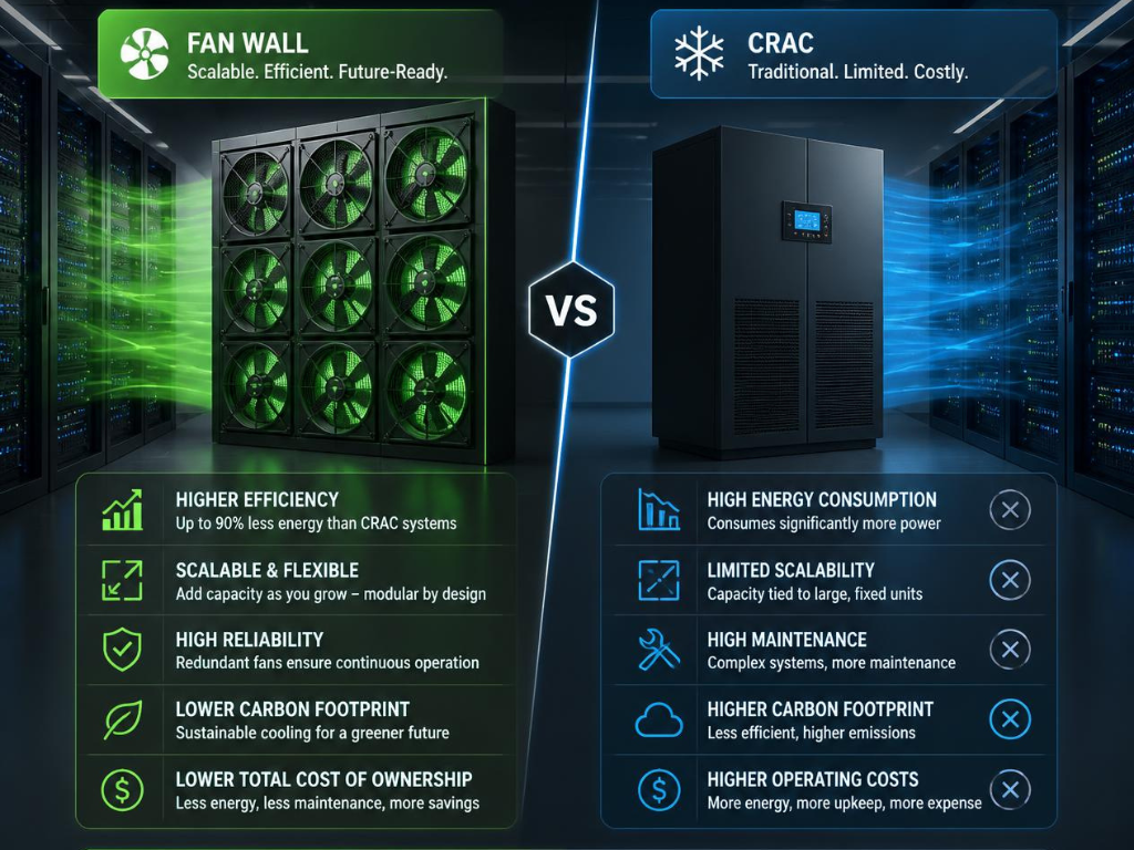 What is the difference between a fan wall and a CRAC unit?